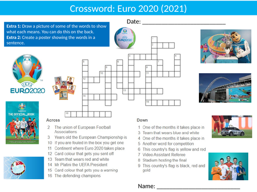Football Euro 2020 Soccer Crossword Puzzle Sheet Activity Keywords PE Sports