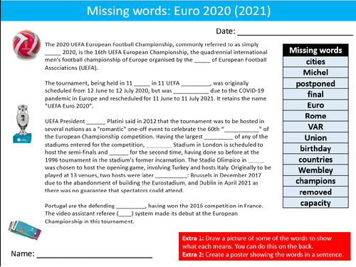 Football Euro 2020 (2021) Soccer Missing Words Cloze Sheet Activity Keywords PE Sports