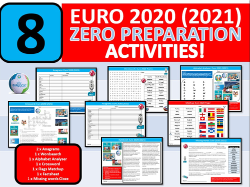 8 x Football Euro 2020 (2021) Soccer Worksheets Activity Keywords PE Sports Wordsearch