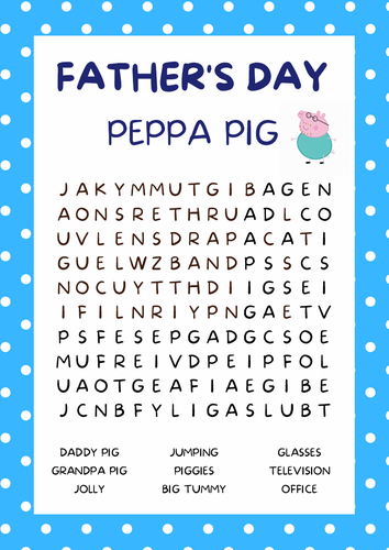 Pepper Pig Father's Day Themed Word Search and Answers - Primary Lesson Filler