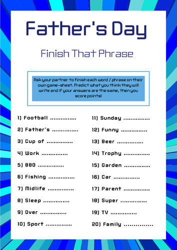 Father's Day Themes Finish the Phrase Game - Fun Activity