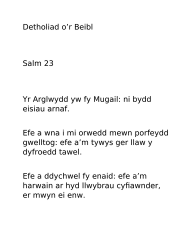Addysg Grefyddol Cymraeg - Gwasanaeth plant- GEIRIAU SALM 23 YR ARGLWYDD YW FY MUGAIL