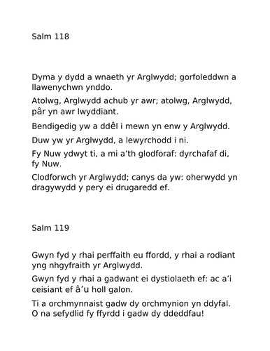 Salm 118, 119, 121 Y BEIBL  ar gyfer gwasanaeth ysgol  - Cymraeg Iaith Gyntaf