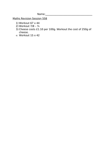 MATHS REVISION WORKSHEET 558 | Teaching Resources