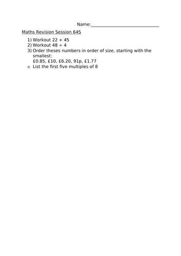 MATHS REVISION WORKSHEET 645