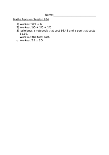 MATHS REVISION WORKSHEET 654