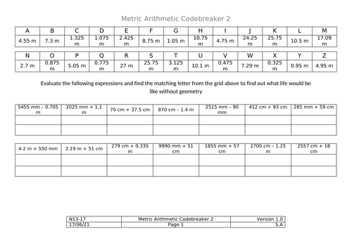 Codebreakers - Metric Length Addition & Subtraction