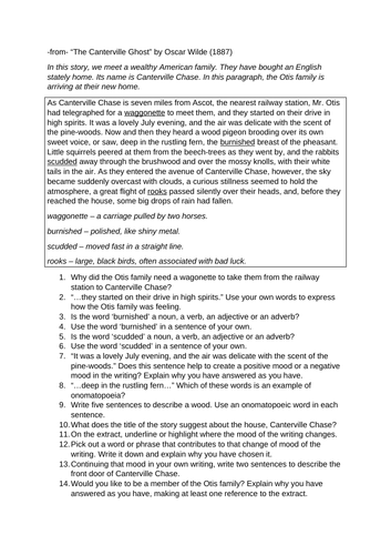 KS3 KS2 "The Canterville Ghost" Oscar Wilde CRR Cover HW Close Reading Pre 20 Century