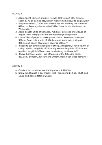 Year 5 Word Problems Using a Bar Model