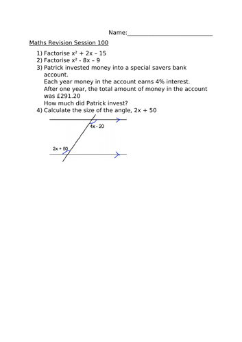 MATHS REVISION WORKSHEET 100