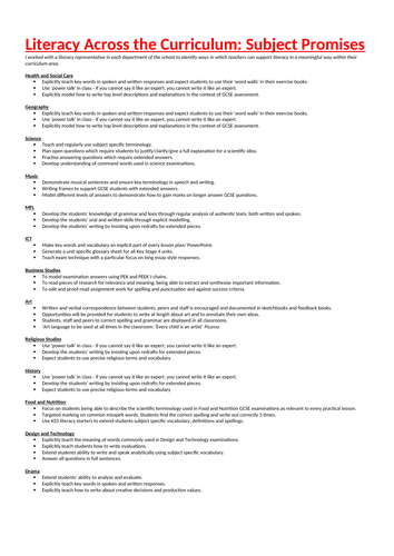 literacy across the curriculum: subject promises