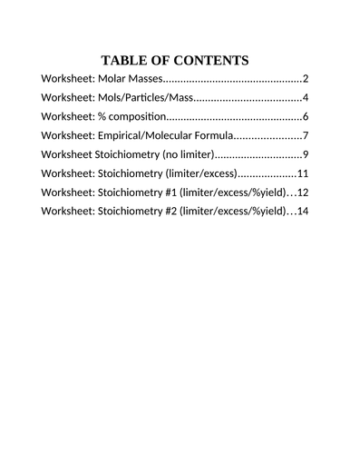 8 WORKSHEETS Grade 11 Chemistry Stoichiometry, Mole, Mass, Particle Conversions WITH ANSWERS