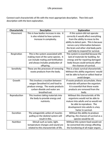 Life processes match up
