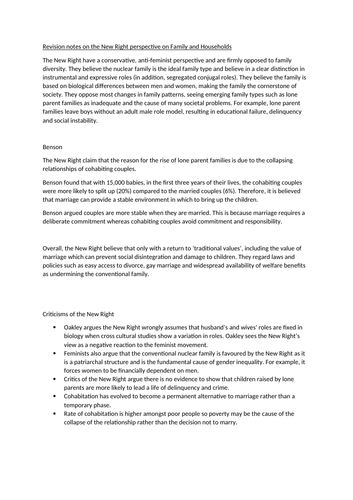 Revision notes on the New Right perspective on Family and Households