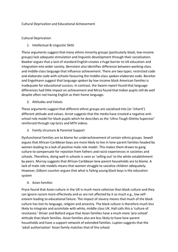 Notes on Cultural Deprivation and Education Achievement - AQA