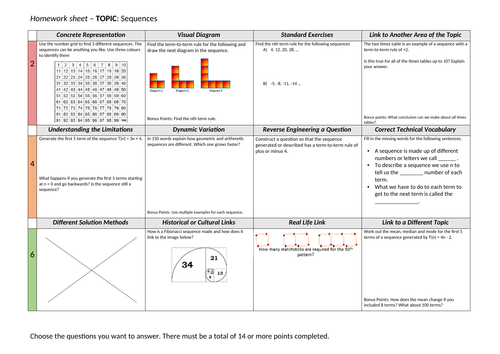 Homework grid/sheet - Sequences.