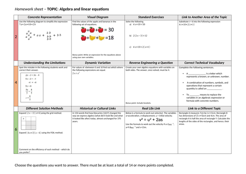 Algebra and Equations 1 - Homework grid/sheet