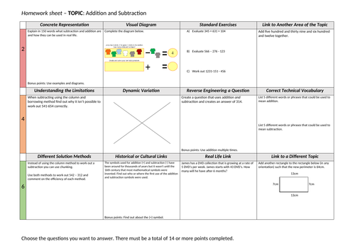 Adding and subtracting - Homework grid/sheet