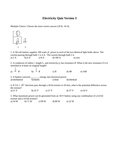 Electricity and Magnetism Quiz and Test Package Grade 11 Physics Version #3