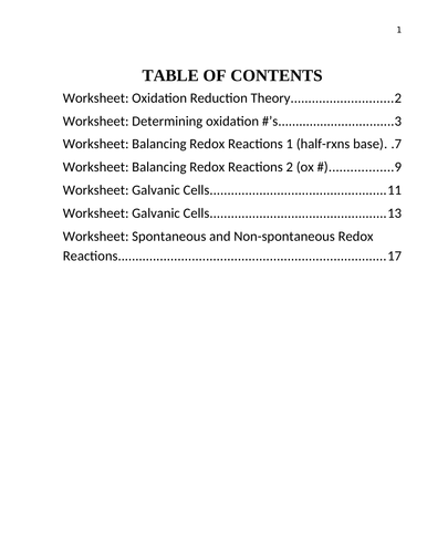 7 WORKSHEETS Grade 12 Chemistry Galvanic Cells and Redox Reactions Unit  WITH ANSWERS