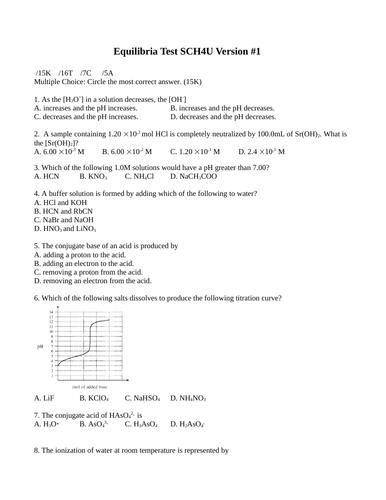 Chemical Equilibria, Solubility Equilibria, Keq, Ka, Ksp, Test Package Grade 12 Chemistry Version #1