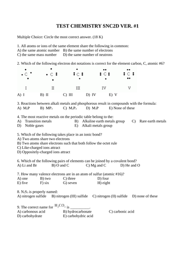 Chemistry Quiz and Test Package Grade 10 Science Version #1 | Teaching ...