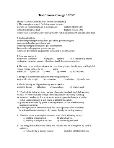 2 CLIMATE CHANGE UNIT TESTS WITH ANSWERS Test Package Grade 10 Science Test #1