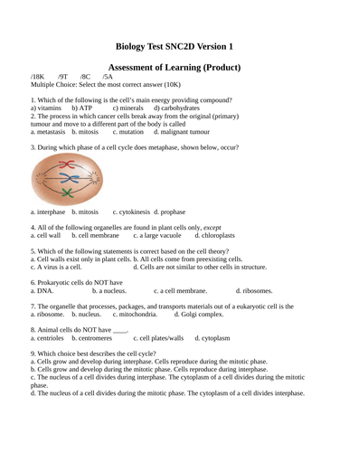 biology test package grade 10 science version 1 teaching resources