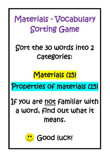 Materials - Vocabulary sorting game