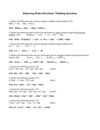 BALANCING REDOX REACTIONS SHORT ANSWER Grade 12 Chemistry Oxidation Numbers (10PGS)