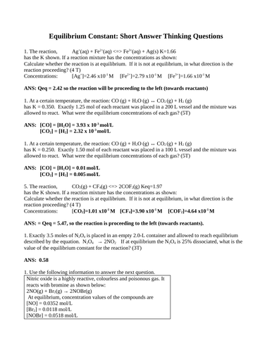 Short Answer Grade 12 Chemistry Equilibrium Constant Keq Kc Kp Ice Tables Le Chatelier Teaching Resources
