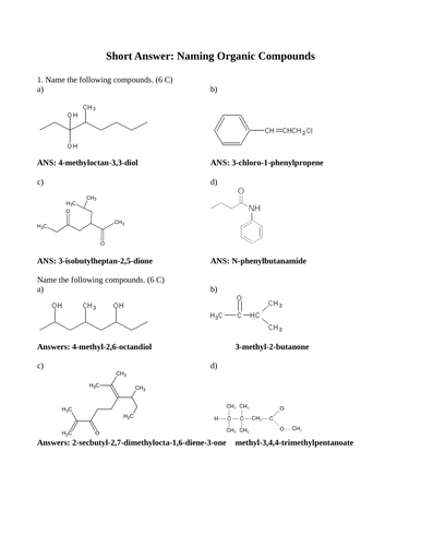 NAMING ORGANIC COMPOUNDS Organic Naming Short Answer Grade 12 Chemistry IUPAC Naming (20 PGS)