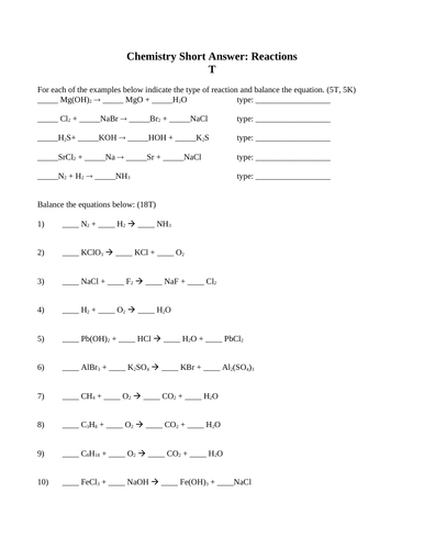 Short Answer Grade 10 Science Types of Reactions & Predicting Products ...