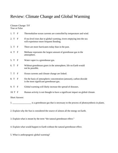 CLIMATE CHANGE REVIEW WORKSHEET WITH ANSWERS Global Warming Short ...