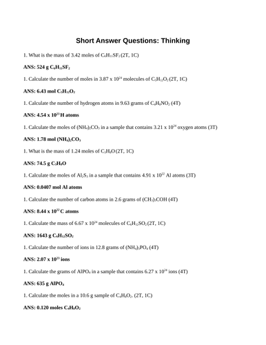 CONVERSIONS: MOLECULES TO MOLES TO MASS Short Answer Grade 11 Chemistry (11  PGS) | Teaching Resources