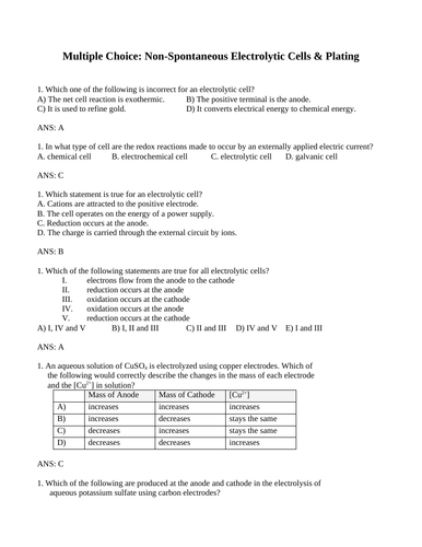 ELECTROLYSIS & ELECTROLYTIC CELLS Multiple Choice Grade 12 Chemistry WITH ANSWERS (20PGS)