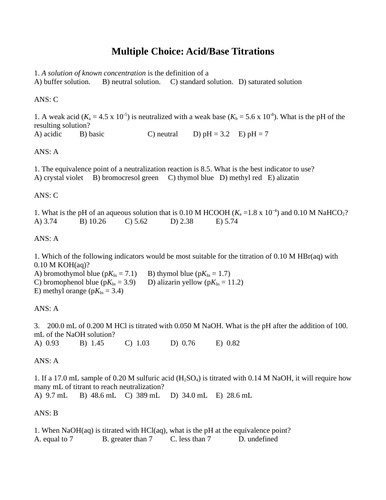 ACID BASE TITRATIONS Multiple Choice Grade 12 Chemistry Equivalence & End Point WITH ANSWERS (16PG)
