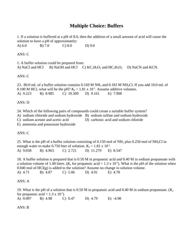 BUFFER SOLUTIONS, SALTS, Buffers Multiple Choice Grade 12 Chemistry WITH ANSWERS (16PGS)