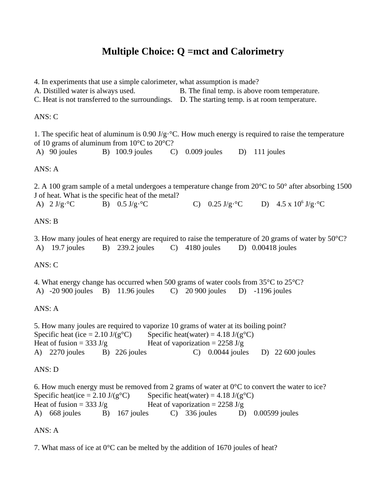 Calorimetry Q Mct And Hess S Law Multiple Choice Grade 12 Chemistry Teaching Resources