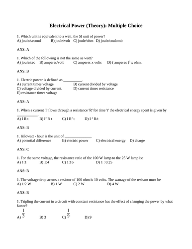 Electricity Watts ELECTRIC POWER MULTIPLE CHOICE Grade 11 Physics WITH ANSWERS 22PG