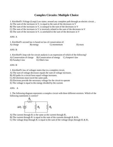 Ohms Law and COMPLEX CIRCUITS MULTIPLE CHOICE Grade 11 Physics WITH ANSWERS (14PGS)