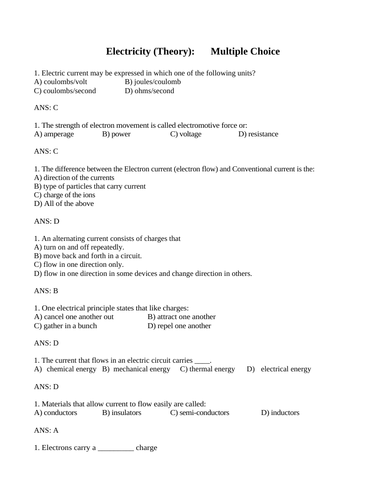 ELECTRICITY THEORY MULTIPLE CHOICE Grade 11 Physics EMF current WITH ANSWERS (12PG)