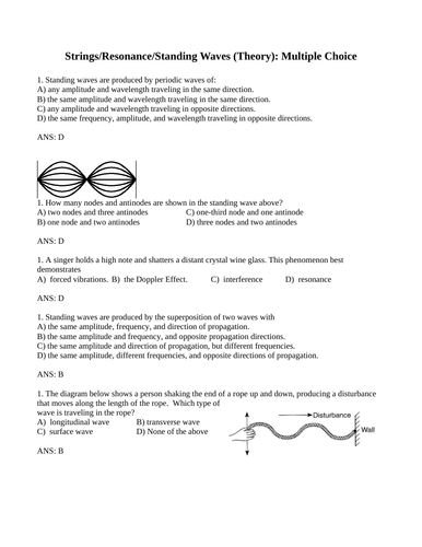STRINGS, RESONANCE and STANDING WAVES Multiple Choice Grade 11 Physics WITH ANSWERS (16PG)
