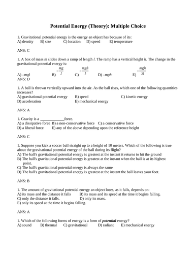 GRAVITATIONAL POTENTIAL ENERGY Multiple Choice Grade 11 Physics WITH ANSWER 11PG