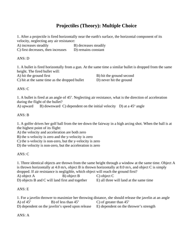 PROJECTILE MOTION MULTIPLE CHOICE Grade 11 Physics WITH ANSWERS (21 PGS) |  Teaching Resources