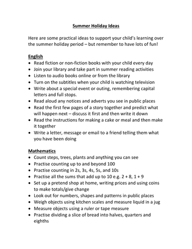 Year 1 English Mathematics summer holiday activities handout for parents