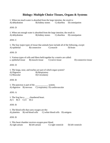 tissues organs and organ systems biology unit multiple choice grade 10 science teaching resources