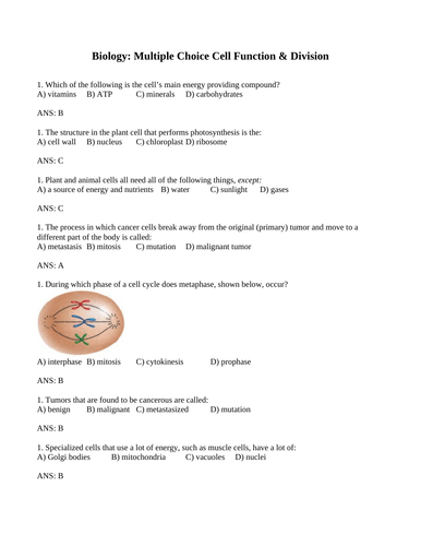 CELL THEORY, CELL DIVISION and ORGANELLES Multiple Choice Grade 10 Science WITH ANSWERS (20 PGS)