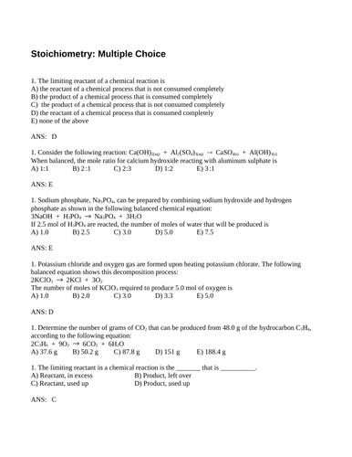  Yield And STOICHIOMETRY MULTIPLE CHOICE Grade 11 Chemistry WITH ANSWERS 23PG Teaching 