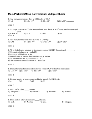 Converting between moles, mass and particles Multiple Choice Grade 11